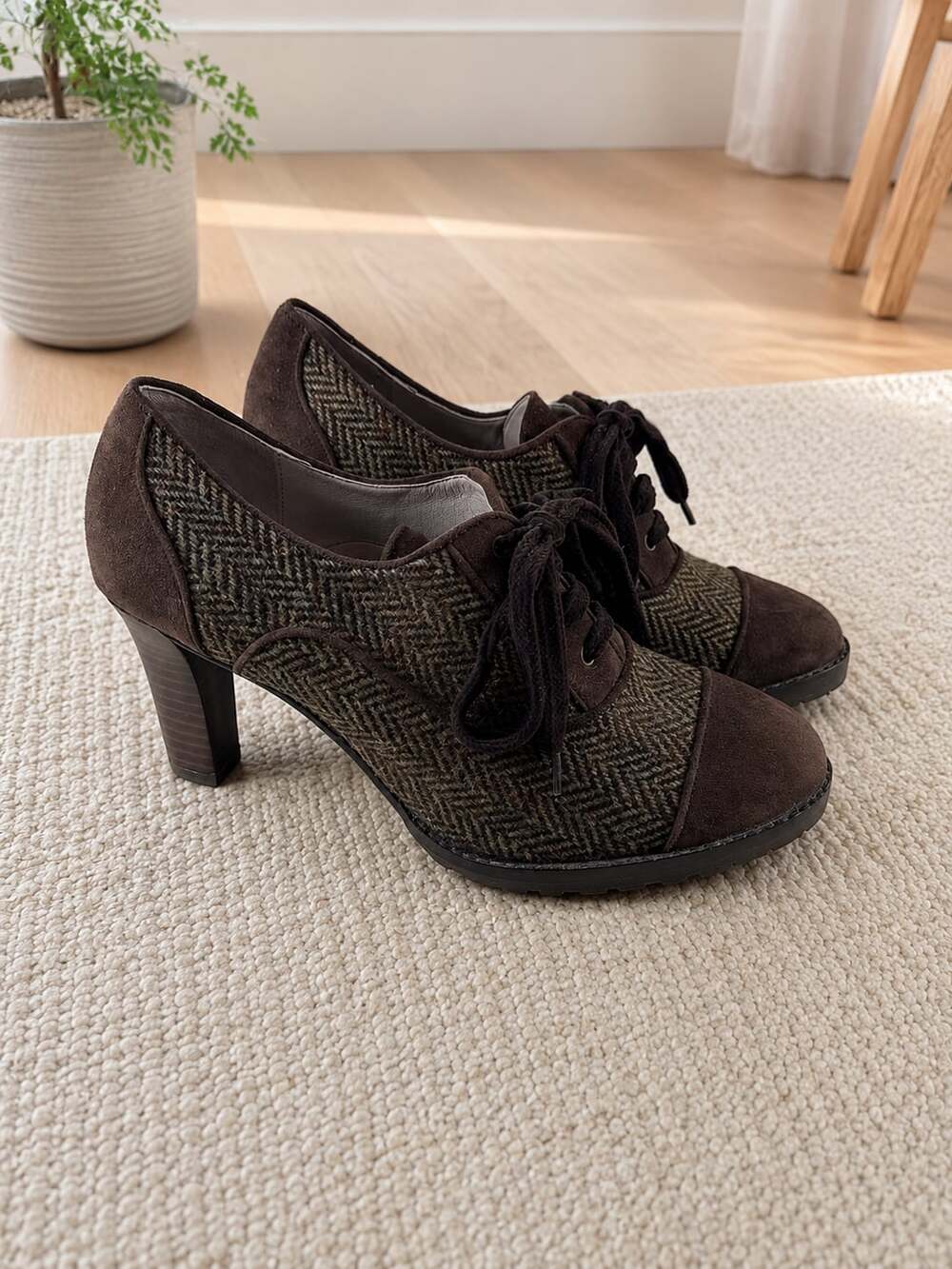 Johnston & Murphy Brown Herringbone Suede Lace-Up Oxford Heels Pumps Women’s 7M